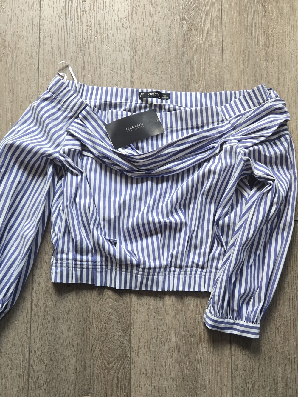 Zara White and Blue Striped Off‑Shoulder Blouse